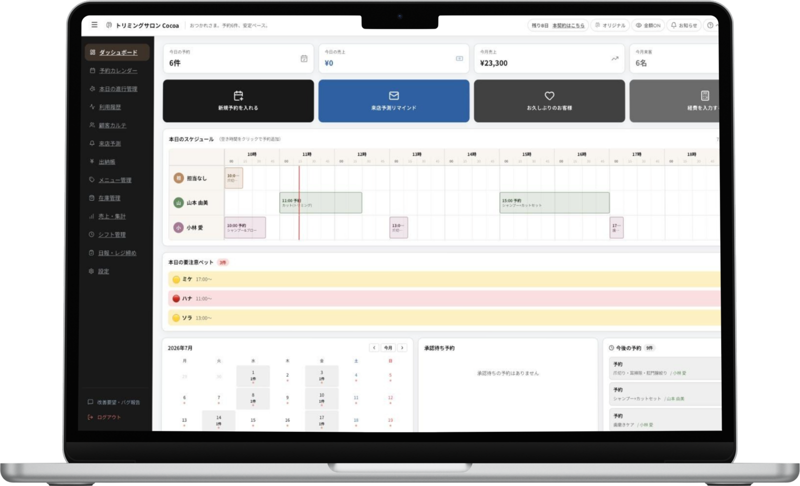 PET SALON MANAGERのダッシュボード画面(開発中)